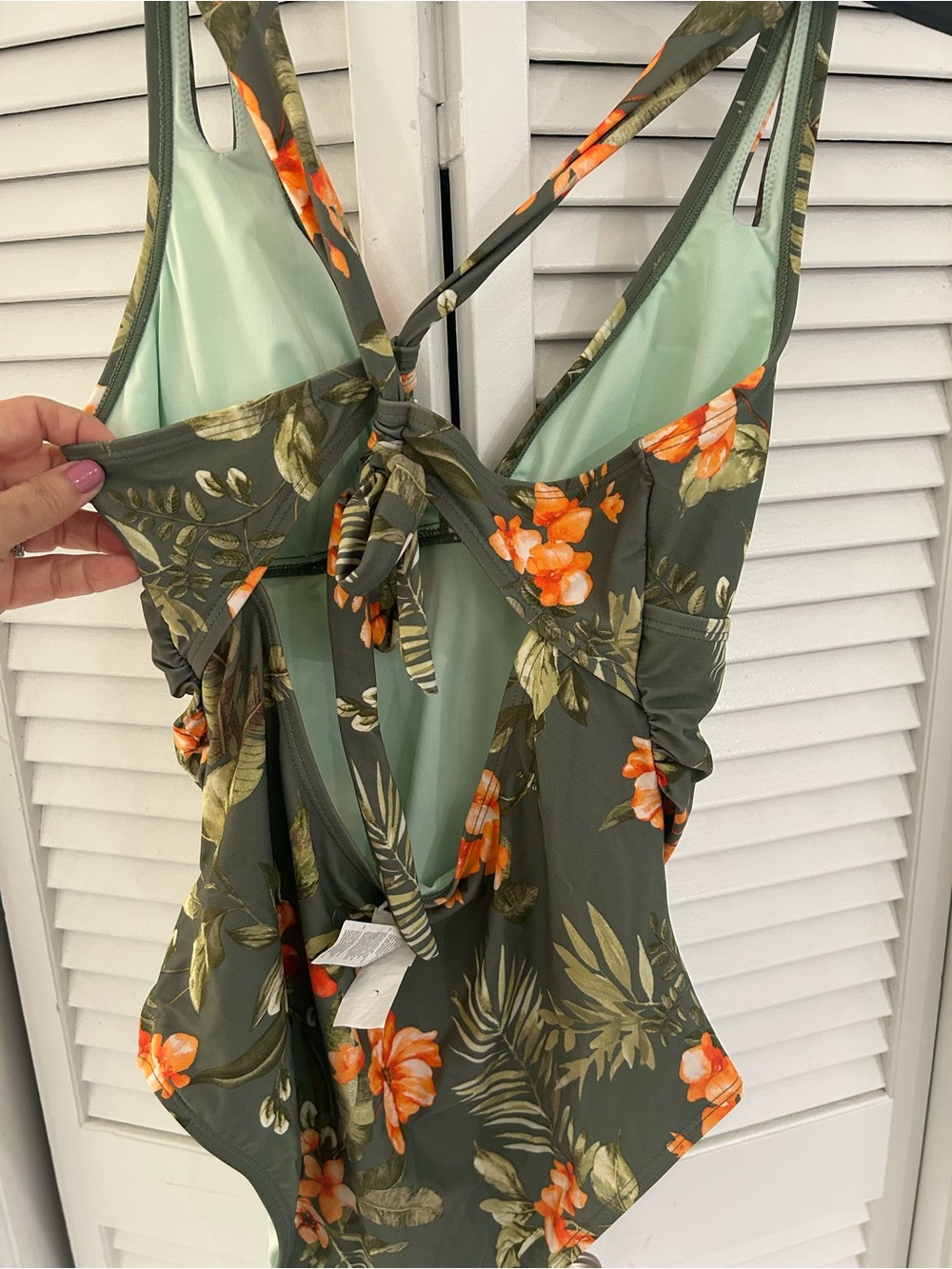 Cupshe Olive Green Tropical Floral One-Piece Swimsuit with Orange Blooms - Picture 9 of 11